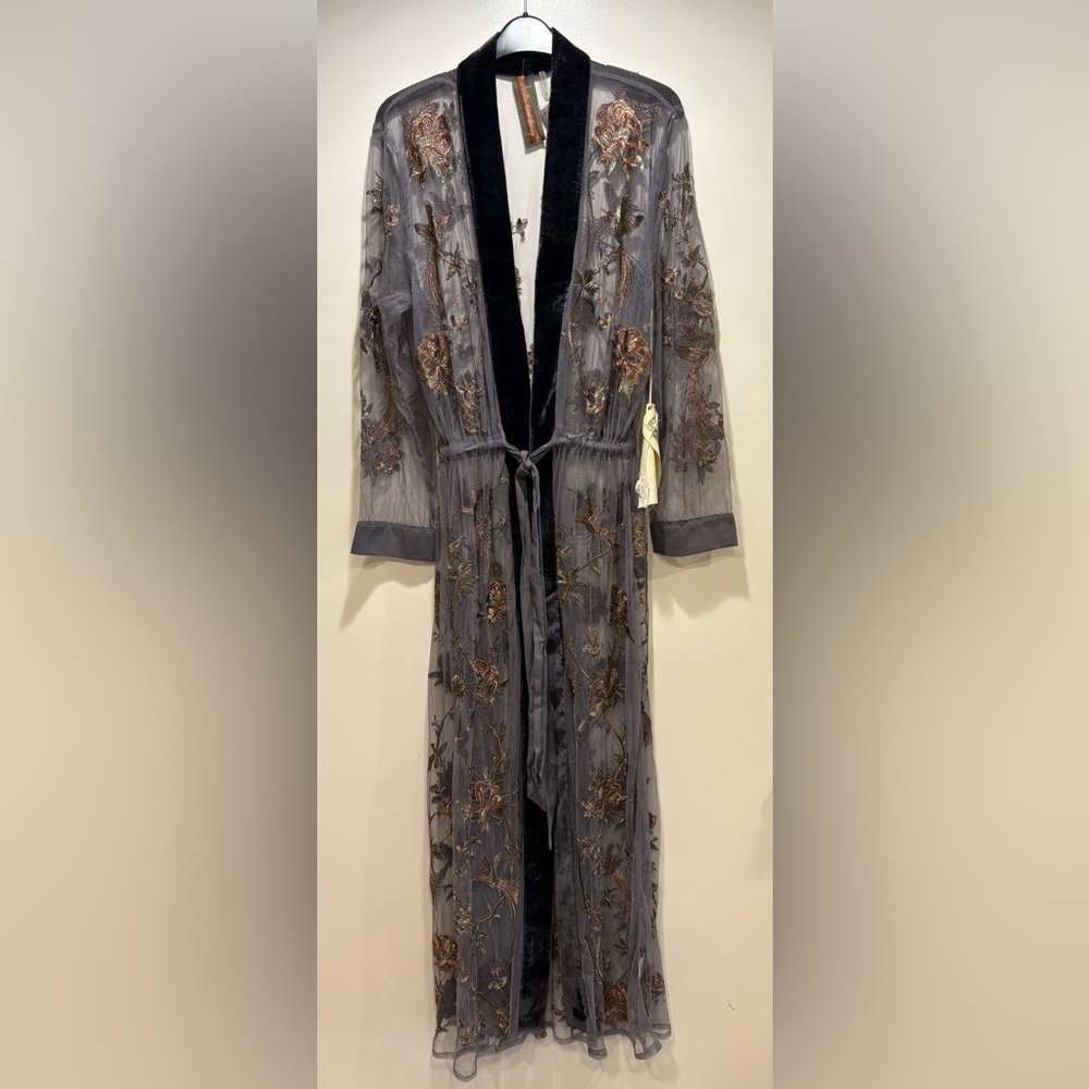 Embroidered Sheer Maxi Kimono Robe - Gray with Bronze Floral